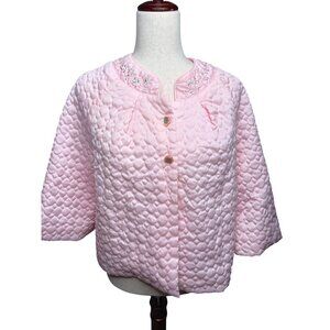 Vtg 50s Barbizon Pink Quilted Bed Jacket  Floral Embroidery Cottage Grannycore